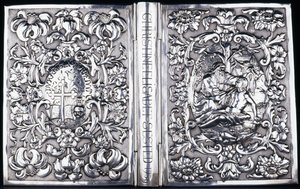 Couverture de livre avec feuillage et image du Bon Samaritain