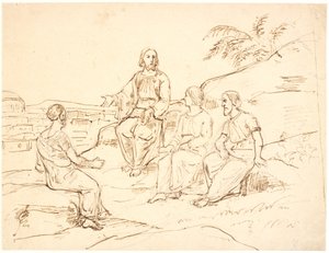 Scène biblique : Christ assis avec trois apôtres sur une montagne