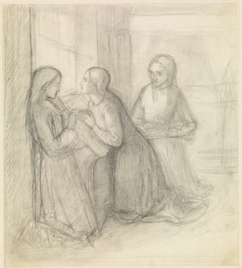 (Probablement) Sainte Elisabeth de Hongrie agenouillée avec ses compagnons Isentrudis et Guta - Dante Gabriel Charles Rossetti