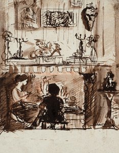 Lizzie Siddal et Woolner dans une pièce imaginaire (plume, encre et lavis) - Dante Gabriel Charles Rossetti