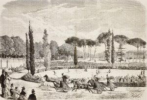 Courses de chars à la Villa Borghese, Rome, Italie, gravure d