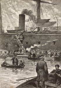 Soldats italiens embarquant sur le cuirassé Principe Amedeo, expédition italienne en mer Rouge, Naples, Italie, gravure d