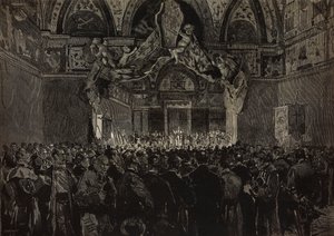 Léon XIII recevant des pèlerins français dans la salle ducal, jubilé papal, Vatican, gravure d