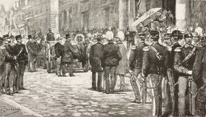 Politiciens et officiers assistant au cortège funèbre de Luigi Mezzacapo (1814-1885), homme politique et officier italien, Rome, Italie, gravure d