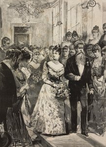Reine Marguerite de Savoie à la fête du Club Artistique (Circolo Artistico) de Rome, accompagnée du sculpteur Giulio Monteverde, Italie, gravure d
