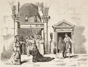 Cabinet du Souverain Pontife dans le palais, Postumia suppliant Fabio Massimo, Rome Vaincue par Alexandre Parodi, Acte V, gravure de Dante Paolocci d