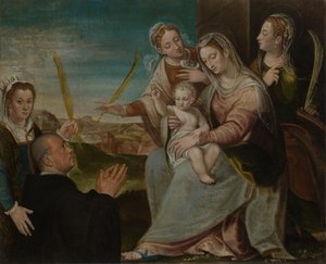Vierge et enfant avec les saints Catherine, Lucie, Justine de Padoue et un moine bénédictin - Dario Varotari the Elder