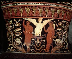 Cratère à volutes apulien à figures rouges, détail du col représentant Œdipe et le Sphinx