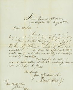 Lettre signée David Allan, Jr., Quartier Général 29e M.V.I., près de Kingston, Ga., à sa mère Mme M.A. Allan, St. Louis, Mo., 20 mai 1864
