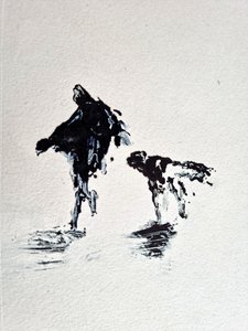Promenade avec un chien en noir et blanc