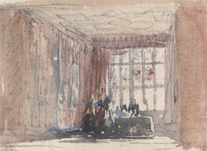 Une pièce Tudor avec des figures, peut-être Hardwick Hall ou Haddon Hall - David Cox