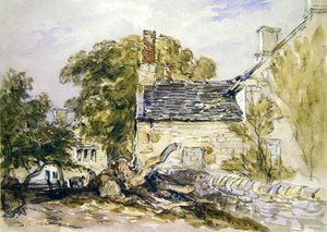 Figures devant un vieux cottage en pierre