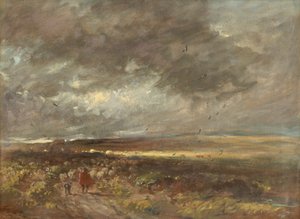Paysage de lande : berger et moutons