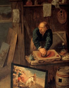 Atelier de peintre avec modèle posant et broyeur de couleurs (détail). Peinture par David III Ryckaert