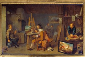 Atelier du peintre avec modèle posant et broyeur de couleurs. Peinture de David III Ryckaert (1612-1661)