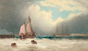 Une barge sortant du port, une frégate à l