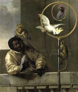 Homme noir avec des perroquets et des singes