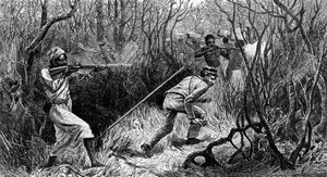 Embuscade Manyema, Afrique centrale, gravure des Derniers journaux de David Livingstone