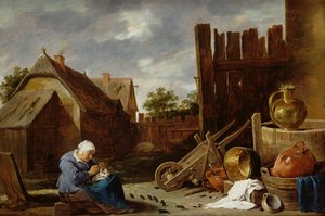 Un chat soigné par une vieille femme - David Teniers the Younger