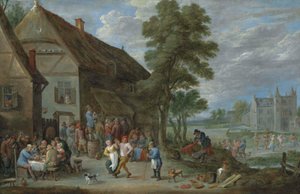 Paysans dansant devant une auberge à Perck, avec le Kasteel de Drij Toren au-delà. - David Teniers the Younger