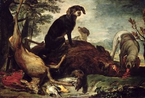 Chiens avec sanglier et cerf abattus - David de Coninck