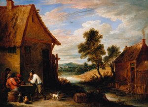 Paysage fluvial avec paysans devant une taverne