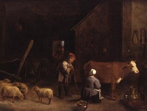 Un garçon berger parlant à une laitière dans une étable - David Teniers the Younger