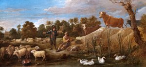 Paysage avec deux bergers, bétail et canards