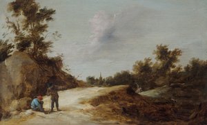 Paysans se reposant sur un chemin dans un paysage rocheux et boisé - David Teniers the Younger