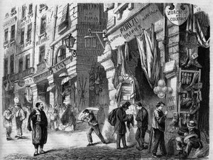 Paris, vue des galeries couvertes au rez-de-chaussée des maisons de la rue de la Tonnellerie, également appelées les piliers des Halles, gravure d