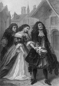 Jouer Monsieur de Pourceaugnac de Molière : Monsieur de Pourceaugnac, Julie et Oronte, gravure de Delannoy d