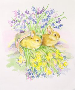 Lapins dans un panier avec des jonquilles et des jacinthes des bois - Diane Matthes