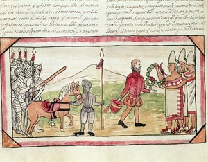 Fol.208v Rencontre de Hernando Cortes (1485-1547) et Montezuma (1466-1520), miniature de 