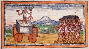 Les Aztèques transportant des pierres pour construire leurs villes, aquarelle de l
