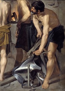 La forge de Vulcain, détail. Un des forgerons travaille sur une armure. Peinture par Diego Velasquez (1599-1660) 1630 Madrid, Musée du Prado - Diego Velázquez