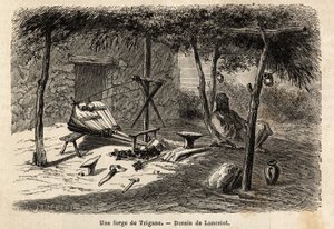 Une forge tzigane dans la région de Valachie, Roumanie. Gravure pour illustrer le voyage de Paris à Bucarest, par Lancelot, dessinateur, en 1860, publié dans « Le tour du monde, nouveau journal des voyages »