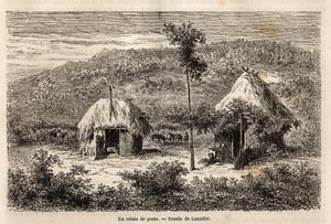 Un relais postal entre Bucarest et Pitesti. Gravure pour illustrer le voyage de Paris à Bucarest (Roumanie), en 1860, par Lancelot, dessinateur, dans « Le tour du monde, nouveau journal des voyages », publié sous la direction d
