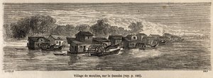 Un village de moulins sur le Danube, dessin de Lancelot, pour illustrer le voyage de Victor Duruy de Paris à Bucarest en 1860. Gravure dans « Le tour du monde », édité par Edouard Charton