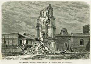 Tour de la cathédrale de Manille, après le tremblement de terre du 18 juillet 1880. Gravure par Lancelot pour illustrer l