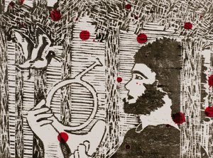 Siegfried, les oiseaux des bois et le sang du dragon, Ring Cycle de Wagner, 2024 (gravure sur bois) - Dione Verulam