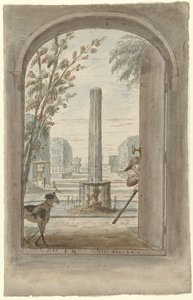 Projet pour une peinture murale avec vue à travers une porte ouverte sur un jardin avec fontaine - Dionys van Nijmegen