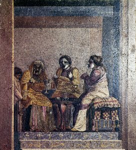 Mosaïque romaine de Scène de pièce avec des acteurs masqués, Villa de Cicéron, Pompéi, c2e siècle av. J.-C. - Dioscurides of Samos