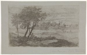 Paysage avec arbres au premier plan et une charrue dans le champ - Dirk Arnoldus Tavenraat