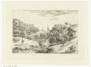 Paysage de dunes avec des églises et un cavalier près de Scheveningen - Dirk Vis Blokhuyzen