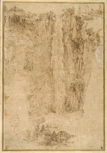 Paysage avec une cascade; au pied, deux hommes, dont un monté