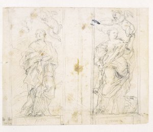 Deux niches avec des figures debout de Sainte Agathe et Sainte Marguerite couronnées par des putti - Domenichino