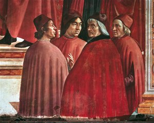 Histoires de la Vierge Marie : Annonciation à Zacharie, détail de Cristoforo Landino, Angelo Poliziano et Marsilio Ficino, c.1485-90 (fresque)