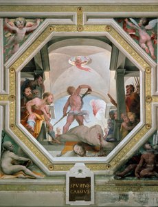 La décapitation de Spurius Cassius Vecellinus exécuté par son père pour avoir envisagé de devenir roi en 485 av. J.-C. Fresque par Domenico Beccafumi 1529-1535 Sienne, Palazzo pubblico - Domenico Beccafumi