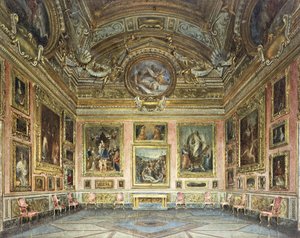 Intérieurs du Palazzo Pitti, Florence : La Sala di Saturno avec la "Lamentation" de Perugino encadrée par des peintures de Fra Bartolommeo et Raphaël, 1871 - Domenico Caligo