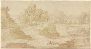 Paysage figuratif, à droite une rivière avec un pont près de moulins, devant deux figures assises - Domenico Campagnola